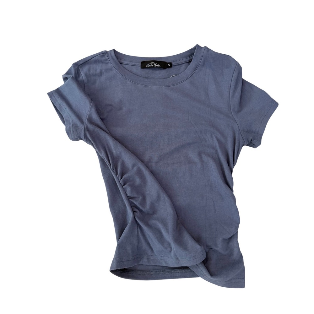 Trendy Queen Womens Short Sleeve Crewneck Slim Ruched Side Tee Navy Blue XS‎